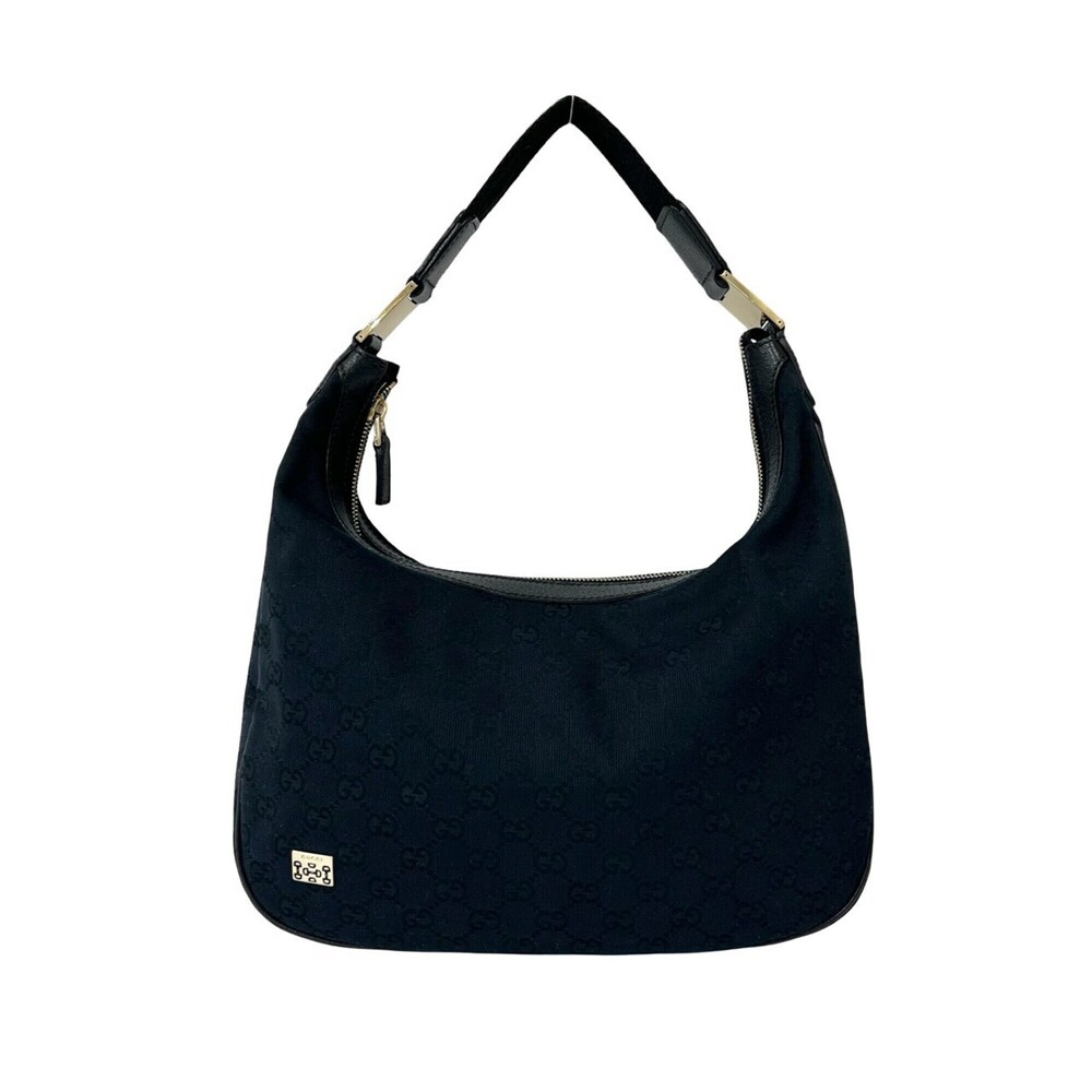 GUCCI GG Logo Patterned Canvas Leather Semi-One-Shoulder Hobo Bag, Black, 11231